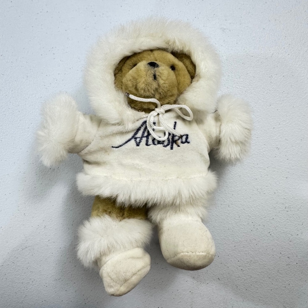 Alaska Souvenir Teddy Bear Plush White Faux Fur Parka Hoodie Boots Brown 11 inch
